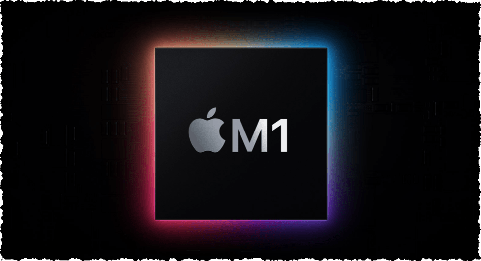 Black square in center with Apple/Mac logo and M1 written on it in silver. The square has a glowing rainbow outlining it against black backdrop.