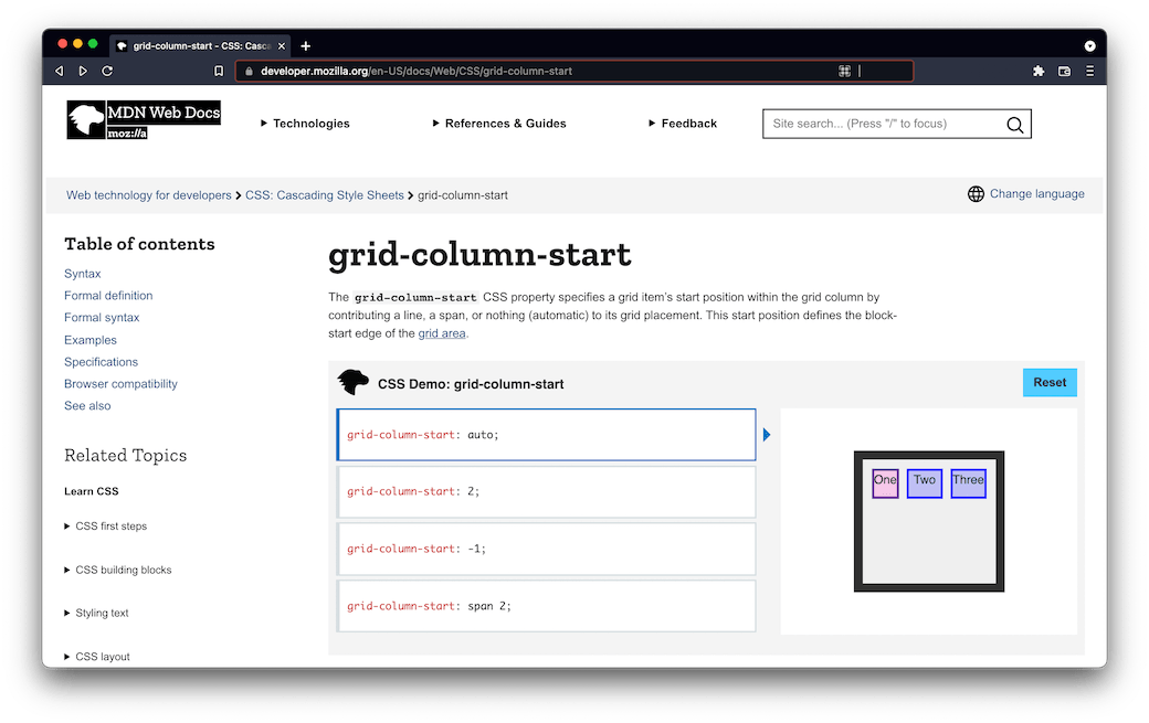 Screenshot of https://developer.mozilla.org/en-US/docs/Web/CSS/grid-column-start which has the header, grid-column-start, in the body with a definition and demo below it. In the sidebar there is a Table of Contents, and a subsequent list of Related Topics.