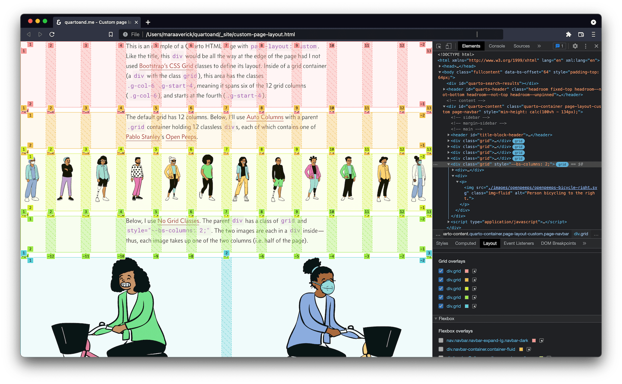 Screenshot of custom layout page with the browser grid inspector overlaid. Browser developer tools are shown in the left-hand section of the browser window.