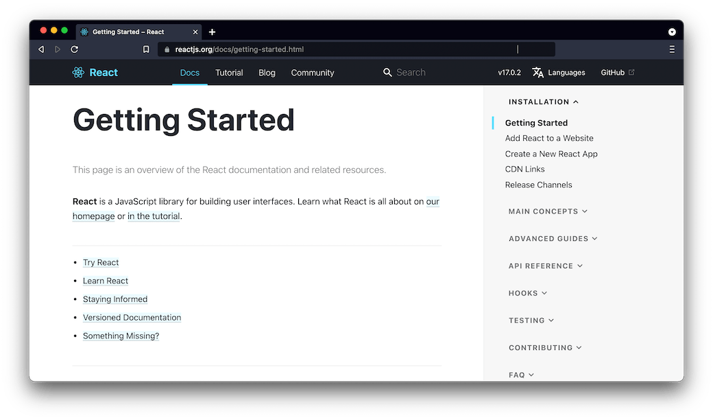 Screenshot of Getting Started page for React with list of options: try react, learn react, stating informed, and versioned documentation.