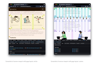 Side by side screenshots of narrow-width viewport of Quarto page using article and custom layouts, respectively.